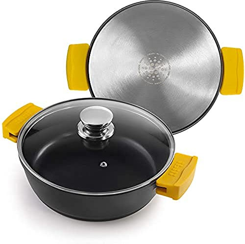IBILI - Sauteuse Evolution en fonte d’aluminium, couvercle en verre et poignées en silicone, 30 cm, Antiadhésif, Compatible avec l’induction, Noir