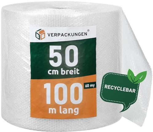 BB-Verpackungen 2x PROFI Luftpolsterfolie 0,5 x 100 m Versand, Verpackung, Umzug 2-lagig (2 Rollen) | 60 my stark, extrem robust, sehr leicht, 100% recycelbar