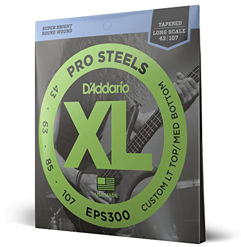 D'Addario E Bass Gitarrensaiten | Saiten E Bass | Bassgitarre Saiten | E Bass Strings | Bass Guitar Strings | EPS300 Pro Steels Long Scale Saitensatz (Intervall von .043 bis .107 Zoll)