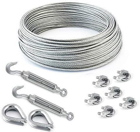 DQ-PP Stahlseil SET 5 | 6mm 6x19 weich | 30 Meter | Stahl verzinkt | 2x Kauschen 6mm | 2x Spannschloss Haken-Öse M5 | 6x Seilklemmen Bügel 6mm | Drahtseil für Rankhilfe Seil Stahl Draht