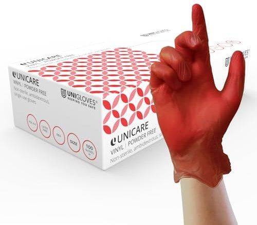 UNIGLOVES Unicare Vinyl Disposable Gloves - Gants d'examen polyvalents, sans poudre ni latex - Boîte de 100, rouge, taille S (GS0112)