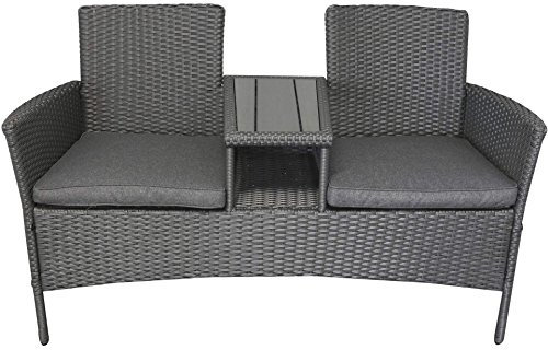 Polyrattan Gartenmöbel Sitzbank mit Polywood-Tisch grau