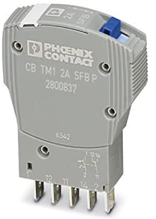 PHOENIX CONTACT CB TM1 2A SFB P Thermomagnetischer Geräteschutzschalter, 1-Polig, Auslösekennline SFB, 1 Wechslerkontakt, Stecker für Basiselement, 41.600g Gewicht, 52mm Länge, Grau