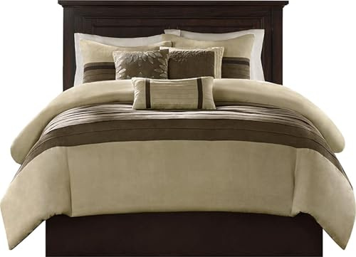 Madison Park Faux Suede Queen Comforter Set with Bed Skirt, Natural, 7pc