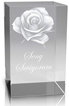 VIP-LASER 3D Glaskristall Quader XL Rose in 3D mit Text Seni Seviyorum graviert