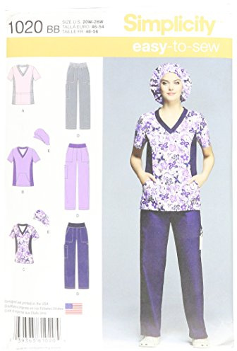 Simplicity Sewing Pattern 1020: Misses' and Plus Scrub Pants and Tops, Size (20W-22W-24W-26W-28W), Paper, White, BB (20W-28W)