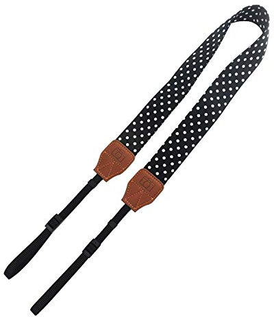CHMETE Quality Soft Cotton Polka Dots Universal Adjustable Camera Camcorder Shoulder Neck Strap Belt with Harness Adapter Fits for DSLR Camera (Black)