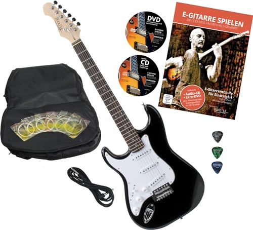 Rocktile Pro ST3-BK/RW-L Linkshänder E-Gitarre Black + Zubehör (Gitarre Gigbag Tasche, Kabel, Plektren, Gitarre Schule mit CD & DVD, Gitarrensaiten)