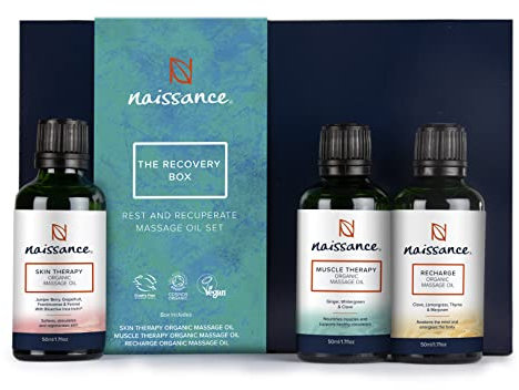 Naissance Recovery Box Geschenkset - mit 3 entspannenden Bio Vegan Massageöl Sporttherapie Wärmendes Öl beruhigt schmerzende Gelenke