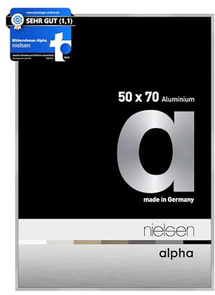 nielsen Bilderrahmen, 50 x 70 cm, Aluminium, Silber matt, Posterrahmen zum Aufhängen im Hoch- & Querformat, Echtglas, Alpha