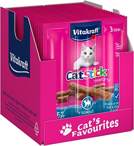 Vitakraft Cat Stick Healthy, Katzen Leckerlies, fleischige Mini-Sticks, mit Scholle, mit natürlichem Omega 3, für gesunde Haut, für schönes Fell, in Vorratsgröße (20x 3 Stück)