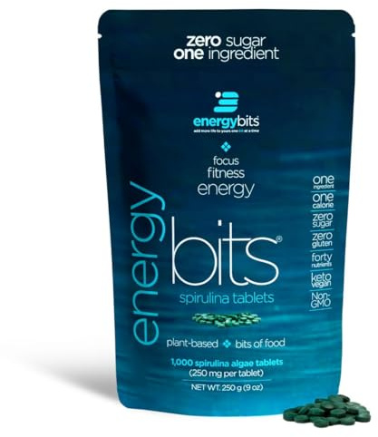 ENERGYBITS Organic Spirulina Tablets (1000 Algae Tablets) Natural Superfood for Energy, Fitness & Focus - 5g Protein, 1 Calorie, Sugar Free - Omega 3 - Spirulina Capsules - Gluten Free, Keto & Vegan