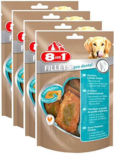 8in1 Fillets Pro Dental Hunde-Snack mit Hähnchen, funktionale Leckerlis für Hunde, unterstützt einen frischen Atem, 4 x 80 g Beutel