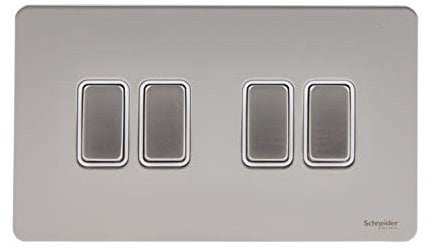 Schneider Electric Ultimate Screwless Flat Plate - 4 Gang Rocker 2 Way Light Switch, Single Pole, 16AX, GU1442WPN, Pearl Nickel with White Insert