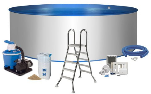 Pool Premium forma rotonda Ø 5 m x 1,2 m da parete in acciaio inox 0,6 mm Schermo blu 0,8 mm cuneo biese scaletta in acciaio inox 2 X 4 gradini con piattaforma Filtro a sabbia Flow 5 con 5,5 m³/h quarzo Filtro Sabbia 25 kg 0,7 fino a 1,2 Grana tubo Set di collegamento con fascette