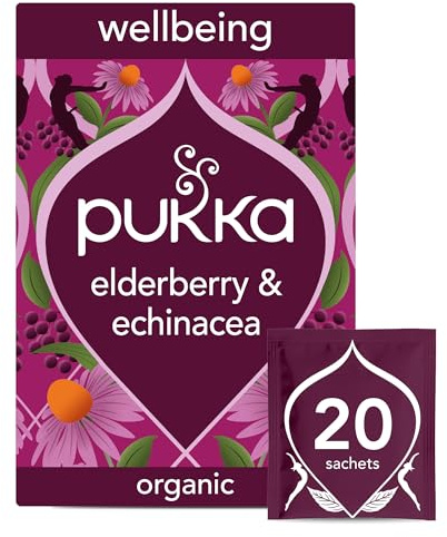 Pukka Elderberry & Echinacea Organic Herbal Tea, Perfect for Wellness Support, Caffeine Free, 20 Total Tea Bags