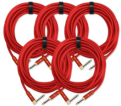 Pronomic Trendline Instrumentenkabel 3m 5x Set - 6,3 mm Mono Klinke auf Winkelklinke - Gitarrenkabel Basskabel Keyboard Kabel - vergoldete Stecker - geschirmt - Kabelklette - Rot