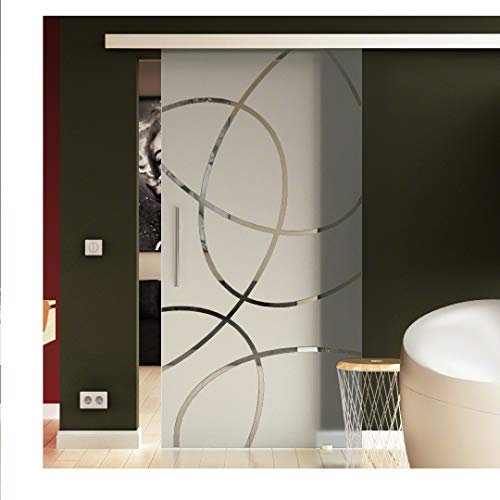 Glasschiebetür 102,5x205 cm in ESG-Milchglas mit Ellipsen-Dessin Frankfurt (F) Levidor® EasySlide-System komplet. Laufschiene und Stangengriffe, Schiebetür aus Glas für Innenbereich