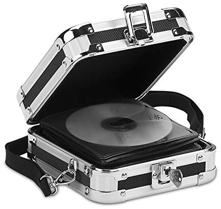 Vaultz Locking CD Case Holder - 24 Disc Storage Capacity, 2.5 x 6.25 x 7 Inch Portable DVD Case Holders w/Carrying Handle - Lockable CD Holder for Car, Travel, Work - Black