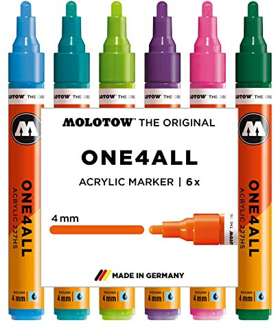 Molotow One4All 227HS Acryl Marker Basic-Set 2 (4,0 mm Strichstärke, hochdeckend und permanent, UV-beständig, für fast alle Untergründe) 6 Stück sortiert