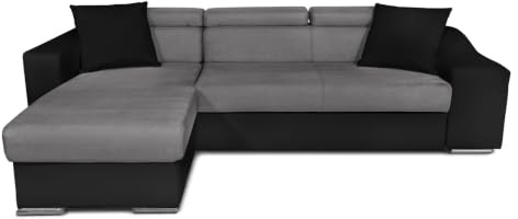 LOUNGITUDE - Ecksofa wendbar, ausziehbar mit Truhe und 2 Hockern aus Mikrofaser und Kunstleder – Grau/Schwarz – 3-Sitzer + 2 Hocker