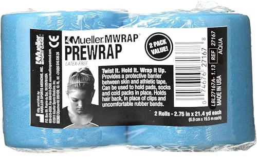 Mueller Sports Medicine MWrap, Pre Wrap, Athletic Tape Underwrap for Sports, Hair, Ankles, Wrist, Hands and Knees, Water-Resistant, Latex Free, 2.75 x 21.4 Yards Per Roll, 2 Rolls, Aqua