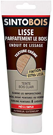 SINTOBOIS - Enduit de Lissage Extra Fin - Lisse le Bois - Prêt à l'Emploi - Sec en 2h - Ponçage Facile - Sans Odeur - Usage Intérieur/Extérieur - Teinte Bois Clair - Technique Professionnelle - 250g
