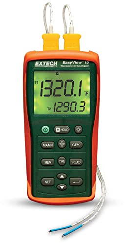 Extech EA15 EasyView Dual-Input Temperature Datalogger, 8800-Point | Types K/J/T/E/R/S/N, dual input, 8800-point logger, timer, MIN/MAX, -200 to 1999F, backlit LCD, holster
