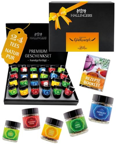 Hallingers Genuss Manufaktur Tee Glückwunsch-Geschenk-Set - 24 Sorten premium loser Tee Probierset in edler Geschenkbox mit Rezept-Booklet Herzlichen Glüc..., Geschenkidee für Frauen Männer