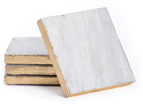 Thirstystone Quadratische Untersetzer mit weißem Marmor/goldfarbenem Rand, Mehrfarbig, 4 Stück | 10,2 cm quadratisch, rutschfeste Füße, saugfähig, elegant