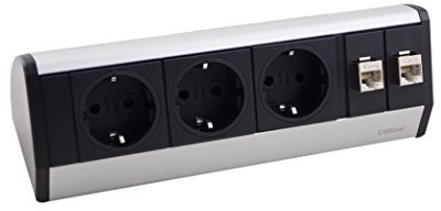 Schulte 159300662300 Dock Data SMALL Silber mit 3X VDE Steckdose und 2X CAT 6 Netzwerkanschluss