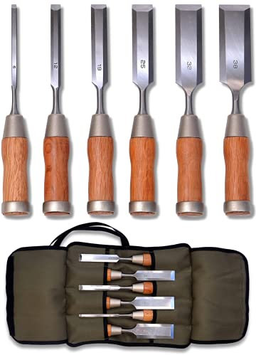 Japanese Hybrid Chisel With Long Blade Red Oak Handle 6-Piece Set