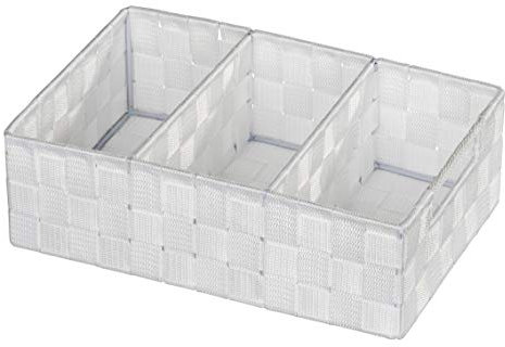 WENKO Organizer Mod. Adria, Aufbewahrungskorb mit 3 Fächern und praktischem Griff, feste Trennwände, hochwertiges Kunststoffgeflecht mit Metallstangen für extra Stabilität, 32 x 10 x 21 cm, Weiß