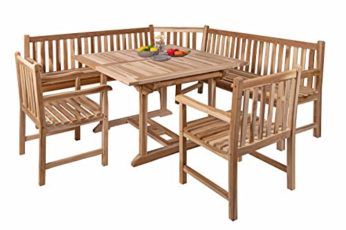 SAM 4tlg. Gartengruppe Madera, Teakholz massiv, Garten-Set bestehend aus 1x Ausziehtisch/Gartentisch, 2X Gartensessel Caracas, 1x Eckbank, für Terrasse, Wintergarten & Garten