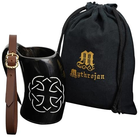 Mythrojan Viking Drinking Tankard, Medieval Drinking Tankard, Ale Tankard, Norse Tankard with 100% Authentic Horn Tankard for Drinking Beer, Mead, Gifts for Men Women with Leather Strap - 600ml