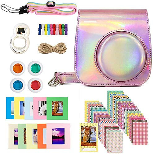 Jinshen Kit d'accessoires pour appareil photo instantané Fujifilm Instax Mini 9/Mini 8/Mini 8+/étui et sangle, filtre, objectif à selfie, autocollants, cadres suspendus Rose