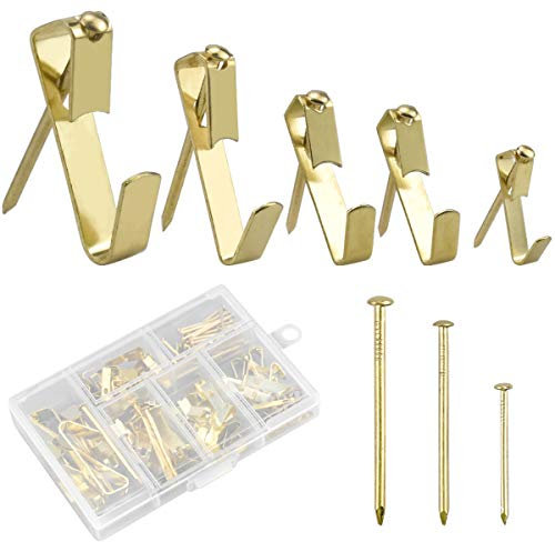 Kissral 130pcs Picture Hangers Heavy Duty Metal Hangers with Nails Photo Picture Frame Hooks Picture Hanging Kit for Wooden and Plasterboard Walls Clock Mirror Office, Gold Color
