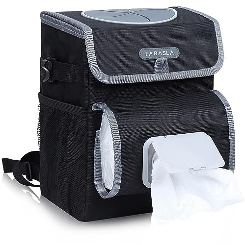 Farasla All-in-One Car Trash Can with 2 Removable Leakproof Interior Liners, Adjustable Tissue Holder & Straps
