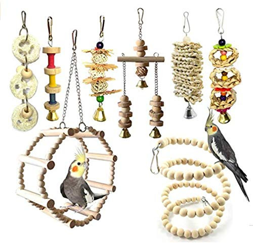 8 Stück Papageien-Spielzeug für Vogel-Käfig - Hängende Schaukel Glöckchen Hängematte Sitzstangen Kau-Spielzeug zum Natürliches Holz für Papagei #1
