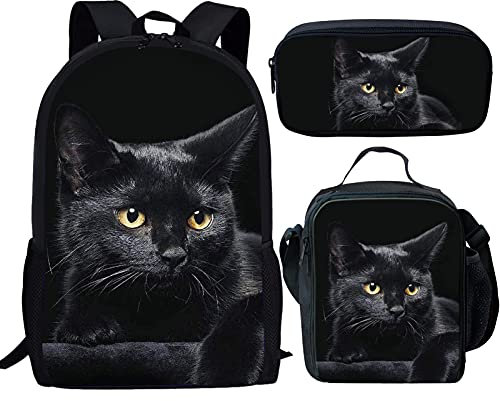 Showudesigns 3-teiliges Schulranzen-Set für Kinder, Rucksack und Brotdose, langer Riemen, Federmäppchen für Mädchen und Jungen, schwarze katze, Einheitsgröße, Kinderrucksack