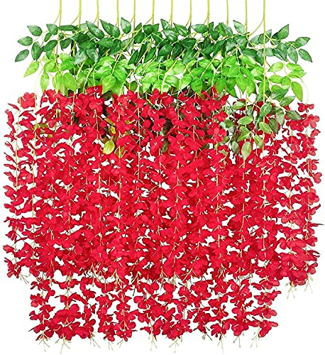 Yeehliny Künstlich hängende Blumen, Blauregen Seidenblumen,hängende Dekoration Garland Seide Blumen für Party Home Dekoration Hochzeiten, 110 cm, 12 stück (Rot)