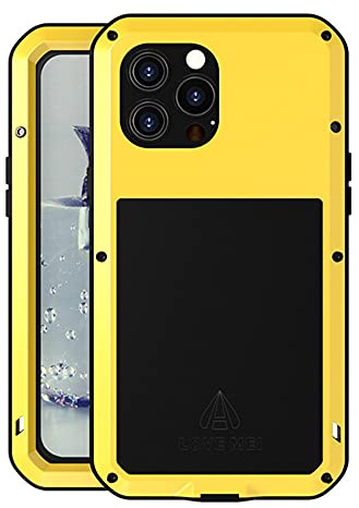 LOVE MEI for iPhone 13 Pro Max Case, Outdoor Heavy Duty Military Bumper Aluminum Metal Shockproof Dustproof Anti-scratch Full Body Protection Case with Tempered Glass for iPhone 13 Pro Max (Yellow)