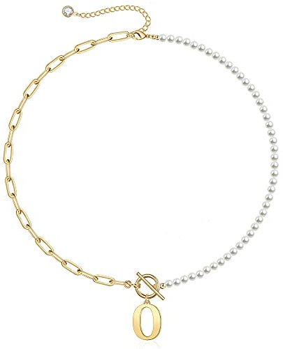 TINGN Halskette Damen Gold Perlen Kette, 14K Vergoldet Büroklammer Gliederkette Halskette Choker Kette Halskette Perle Ketten Anhänger Initialen Halskette Damen Schmuck Geschenke Verstellbar (O)