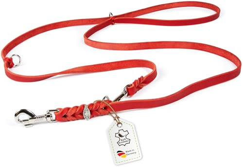 Hundeleine Leder 3m große Hunde Fettlederleine [3-Fach Verstellbar] Lederleine geflochten – robuste Leine Hund mit Chrombeschlägen, Führleine Hund & Freihandleine zum Umhängen, Dog Leash Rot 18mm