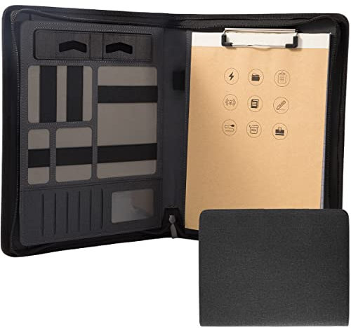 Padfolio Portfolio mit Reißverschluss und Klemmbrett – Leder Business Portfolio Organizer – Portfolio mit Reißverschluss für Damen und Herren (ohne Batterie, schwarz)