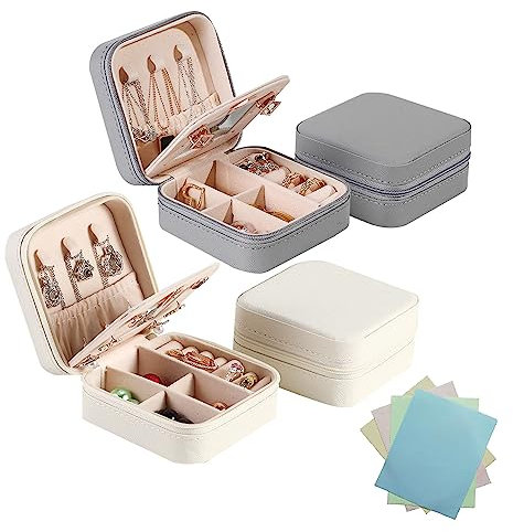 TAFACE 2 pequeños joyeros para mujer con 4 paños de limpieza de joyas, organizador de joyas portátil, con espejo, organizador de joyas simple para pendientes, anillos, collares