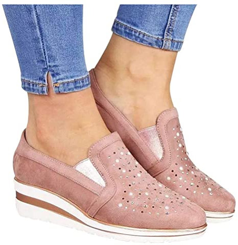 Minetom Mocassins À Plateforme Femmes Strass Chaussures Décontractées De Marche À Talon Compensé Bateau Loafers Chaussures De Conduite Printemps Et Été A Rose 39 EU