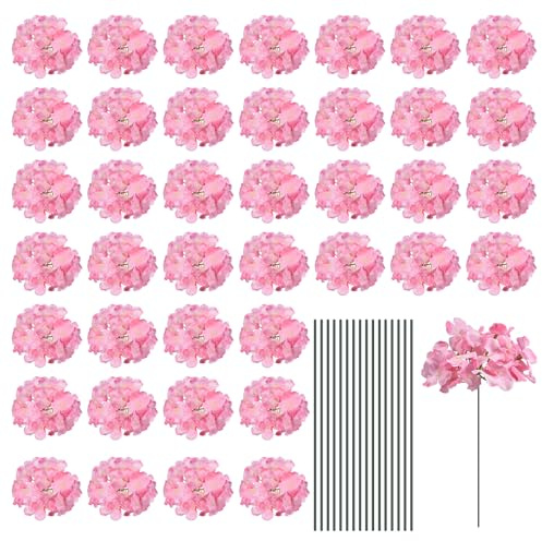 sourcing map Silk Artificial Hydrangea Flowers, Deep Pink Artificial Flowers Heads with Stems, Full Hydrangea Flowers for Wedding Centerpieces, Party Decoration 64 Set