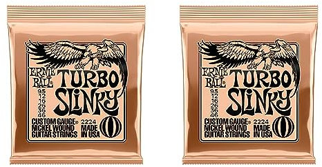 Ernie Ball Turbo Slinky - Cuerdas para guitarra eléctrica, entorchado de níquel, calibre 9,5-46 (Paquete de 2)