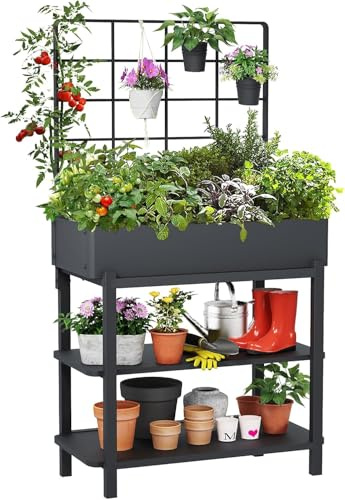 FOYUEE Erhöhter Pflanzkasten mit Rankgitter Hochbeet mit Beinen Outdoor Stehende Blumenbeete für Terrasse Gemüse Kräuter